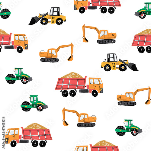 Construction machines building hand drawn doodle cartoon vector seamless pattern