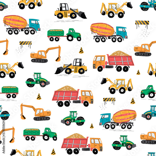 Construction machines building hand drawn doodle cartoon vector seamless pattern