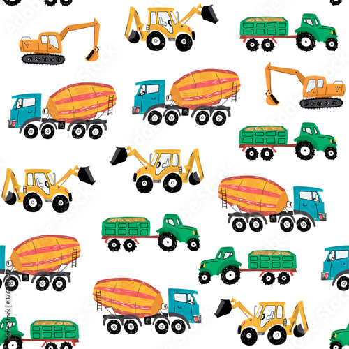Construction machines building hand drawn doodle cartoon vector seamless pattern