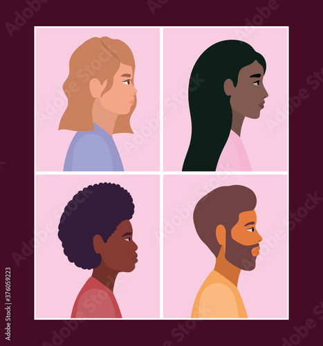 diversity of women and men cartoons in frames vector design