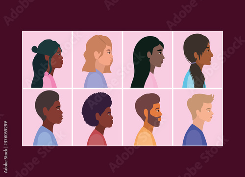 diversity of women and men cartoons in frames vector design