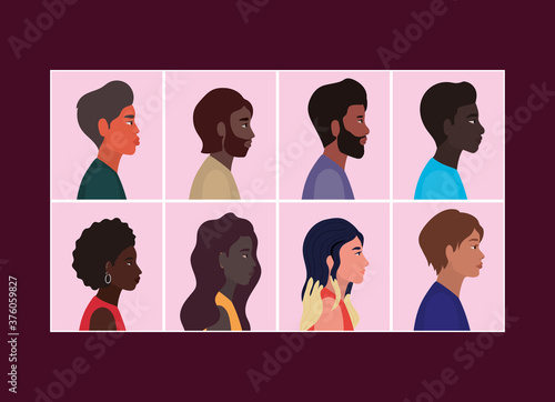 diversity of women and men cartoons in frames vector design