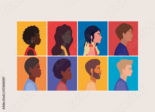 diversity of women and men cartoons in frames vector design