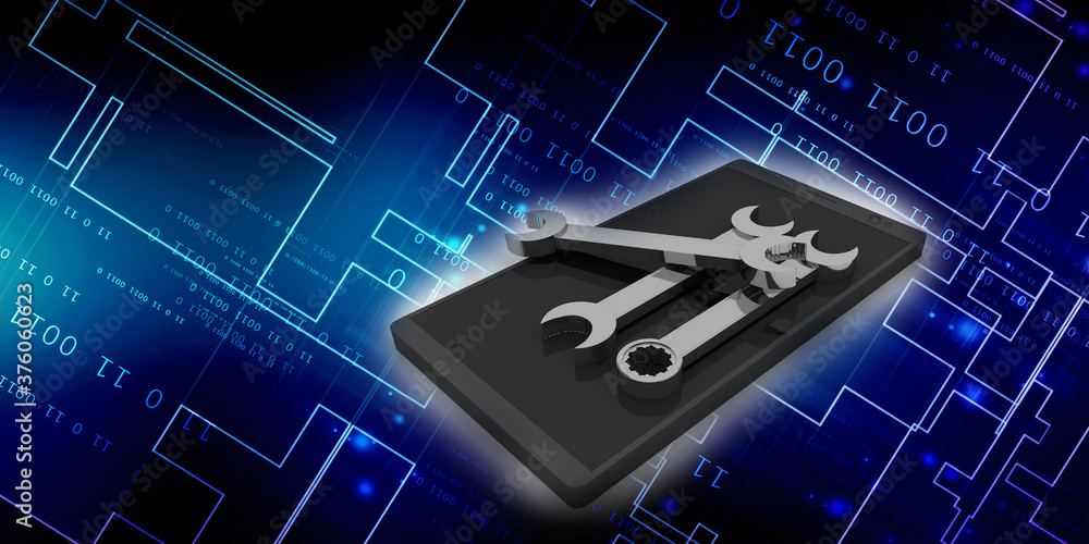 3d rendering mobile phone with wrench and spanner 3d rendering mobile phone with wrench and spanner
