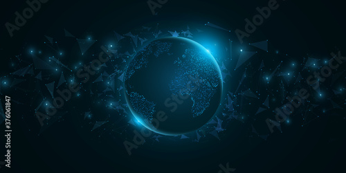 Futuristic planet Earth with triangle elements on a dark blue background. World map of dots with blue lights. Hi-tech design. 3D abstract globe. Vector illustration.