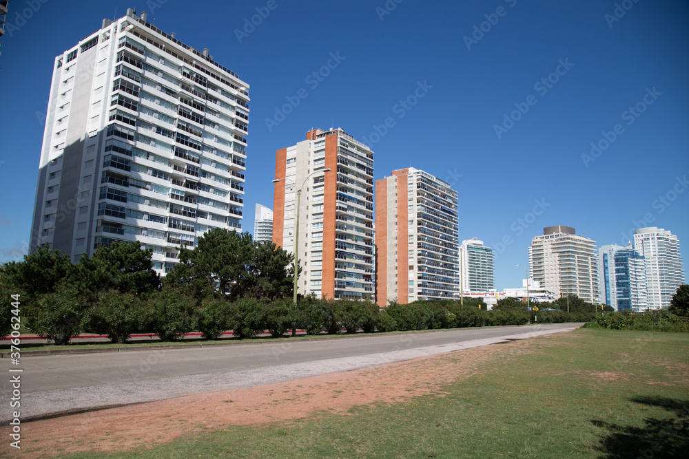 View of residential buildings on beach avenue. Rambla Williman. Punta del Este, Maldonado, Uruguay View of residential buildings on beach avenue. Rambla Williman. Punta del Este, Maldonado, Uruguay