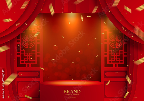 Podium round stage podium and paper art Chinese new year 2021 year of the ox , red paper cut ,flower and asian elements with craft style on background.