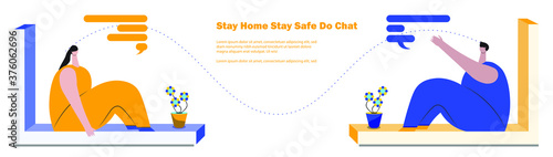 Concept of chatting staying at home in pandemic situation instead of meeting. Flat cute cartoon character vector illustration. Can be used for web and application design and other suitable fields.