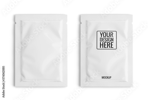 Blank white sachet packet isolated on white. Small pack sachet mockup. 3d rendering photo