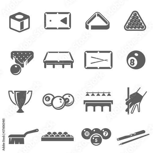 Billiard, cuesports icons set isolated on white. Balls, cue stick, cloth-covered table.