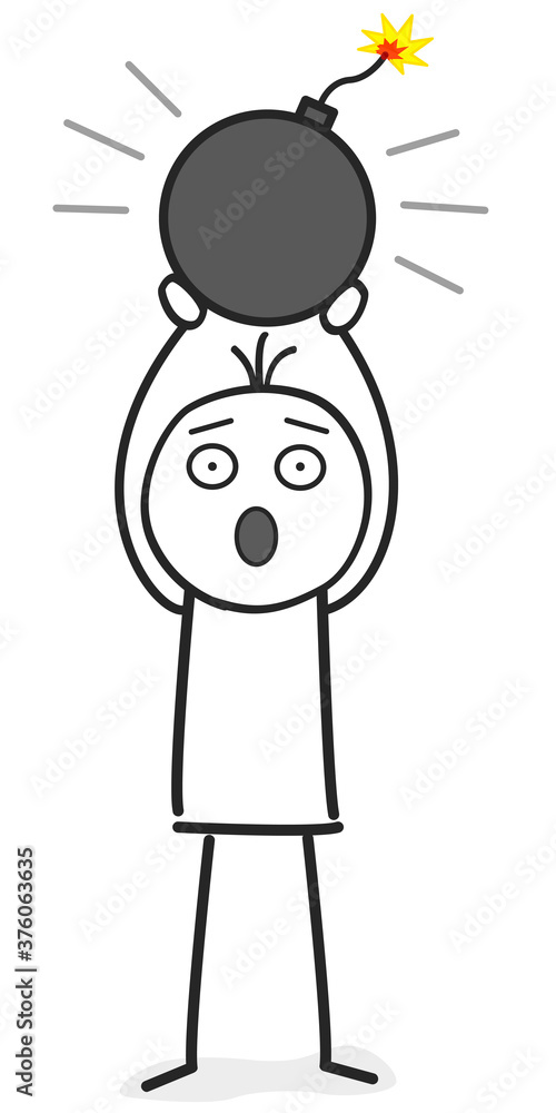 person hält erschreckt eine bombe in der hand