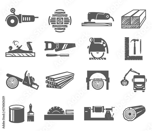 Woodworking industry bold black silhouette icons set isolated on white. Carpentry, joinery tools.