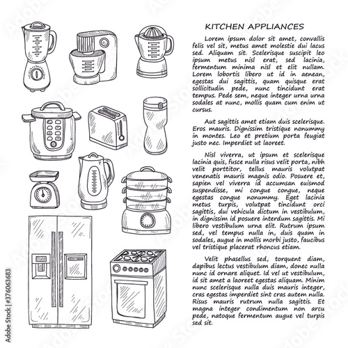 Card template with cute hand drawn kitchen appliances. Vector kitchen collection