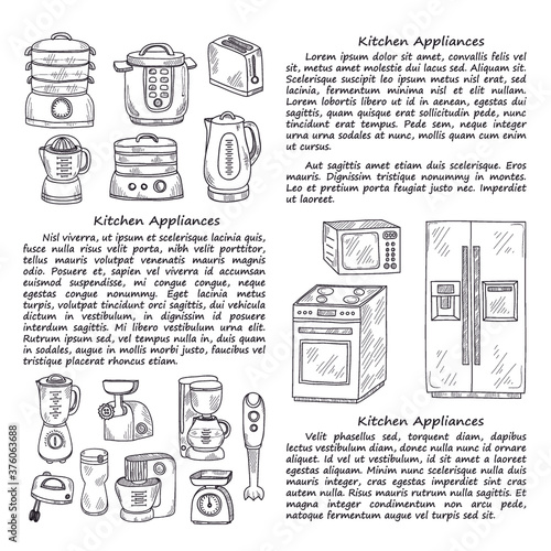 Card template with cute hand drawn kitchen appliances. Vector kitchen collection