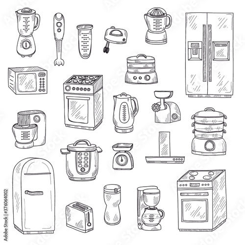 Set of cute hand drawn kitchen appliances. Vector kitchen collection