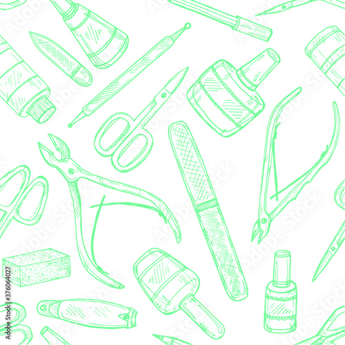 Seamless pattern with manicure equipment and accessories. Hand drawn vector manicure collection.
