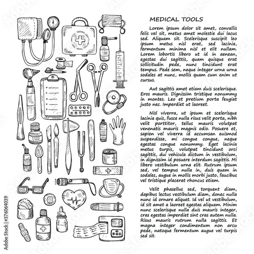 Card template on medical theme including equipment , medical tools and drugs. Vector hand drawn medical collection