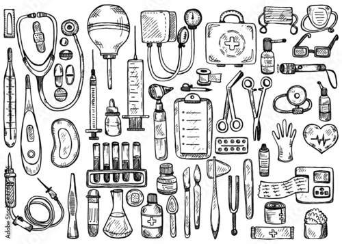 Big medical set including equipment , medical tools and drugs. Vector hand drawn medical collection