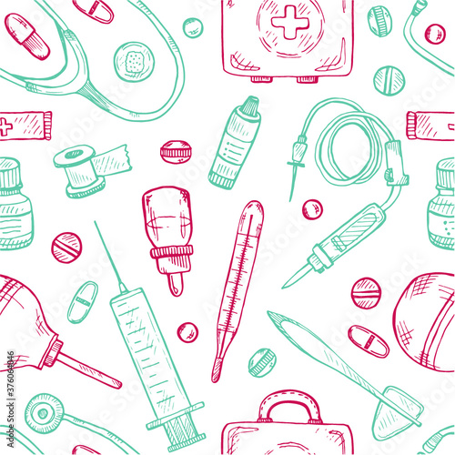Seamless pattern with cute hand drawn medical icons. Vector medical collection