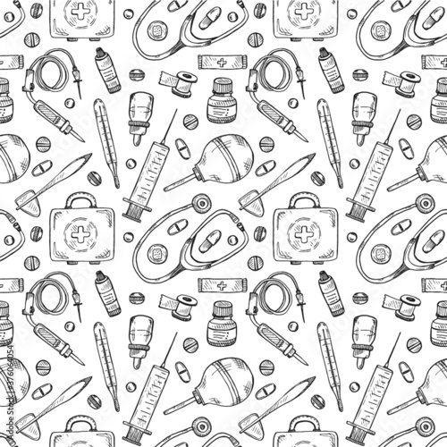 Seamless pattern with cute hand drawn medical icons. Vector medical collection