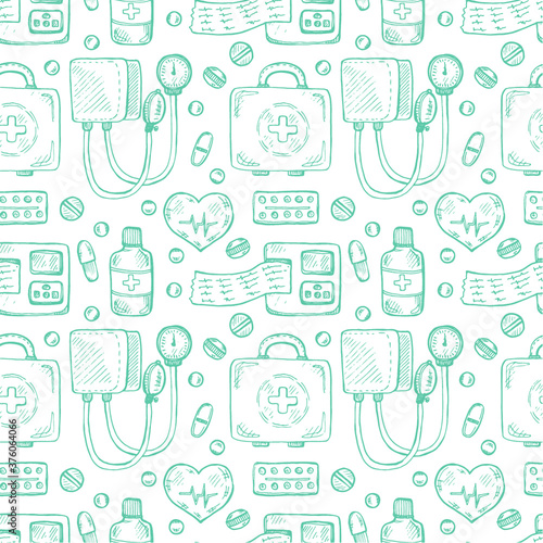 Seamless pattern with cute hand drawn medical icons  including equipment , medical tools and drugs. Vector hand drawn medical collection