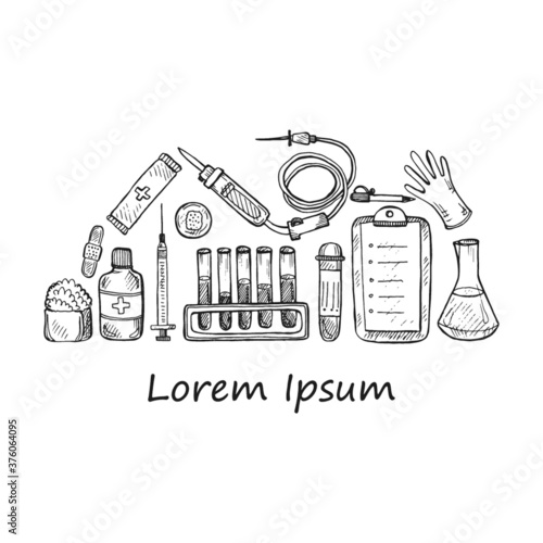 Medical set including  medical tools. Vector hand drawn medical collection