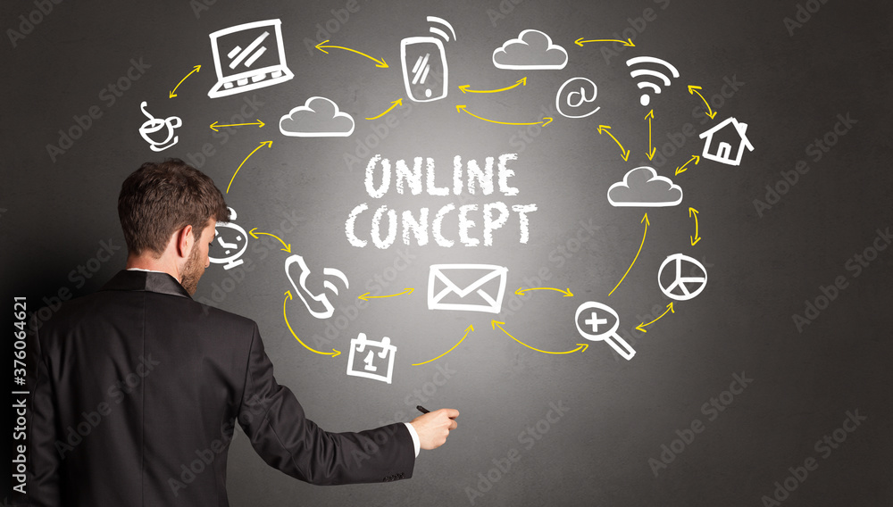 businessman drawing social media icons with ONLINE CONCEPT inscription, new media concept businessman drawing social media icons with ONLINE CONCEPT inscription, new media concept