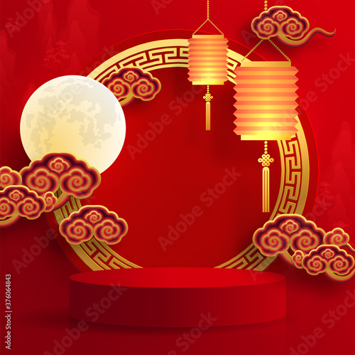 Podium round stage podium and paper art Chinese new year 2021 year of the ox , red paper cut ,flower and asian elements with craft style on background.