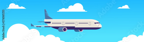 flying airplane express delivery shipping international transportation concept sky background flat horizontal banner copy space vector illustration