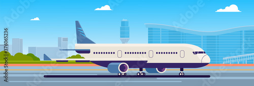 Airport Terminal With Aircraft Flying Plane Taking Off Flat Vector Illustration, Airport control tower, terminal building and parking area. Cityscape. Sky with clouds