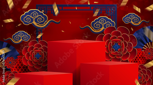 Podium round stage podium and paper art Chinese new year 2021 year of the ox , red paper cut ,flower and asian elements with craft style on background.