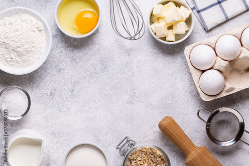 Ingredients for baking - flour, milk, salt, sugar, eggs.