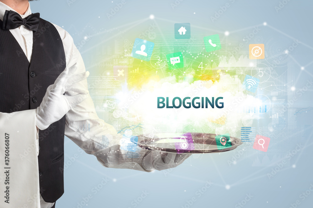 Waiter serving social networking concept with BLOGGING inscription Waiter serving social networking concept with BLOGGING inscription