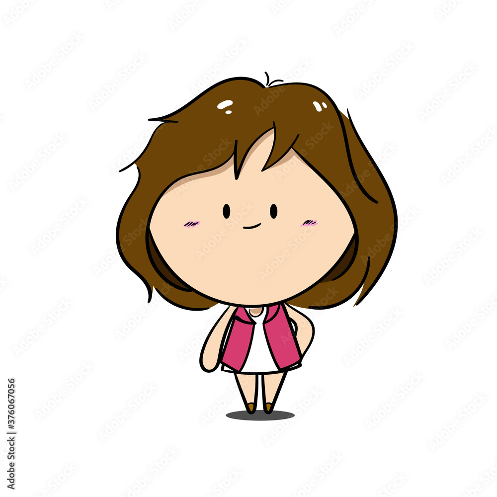 Character design: The Woman in pink coat with white dress have a big head is smiling Character design: The Woman in pink coat with white dress have a big head is smiling
