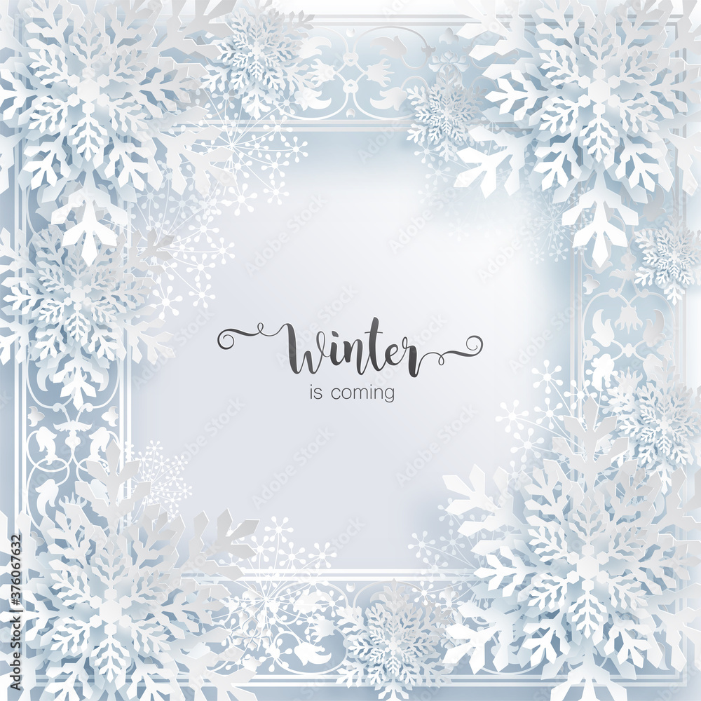 Snowflakes design for winter with place text space. Snowflakes background patterned paper cut art and craft style on paper color background.