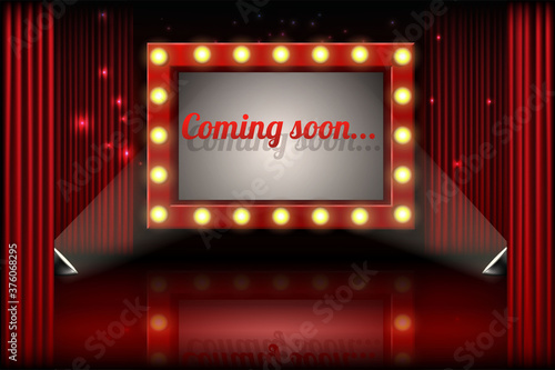 3d realistic vector festive design concept background. Theater or cinema stage with red curtains, theater or circus sign on curtain with spotlight and glow.