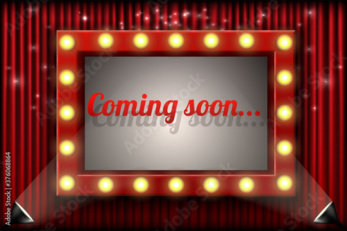 3d realistic vector festive design concept background. Theater or cinema stage with red curtains, theater or circus sign on curtain with spotlight and glow.