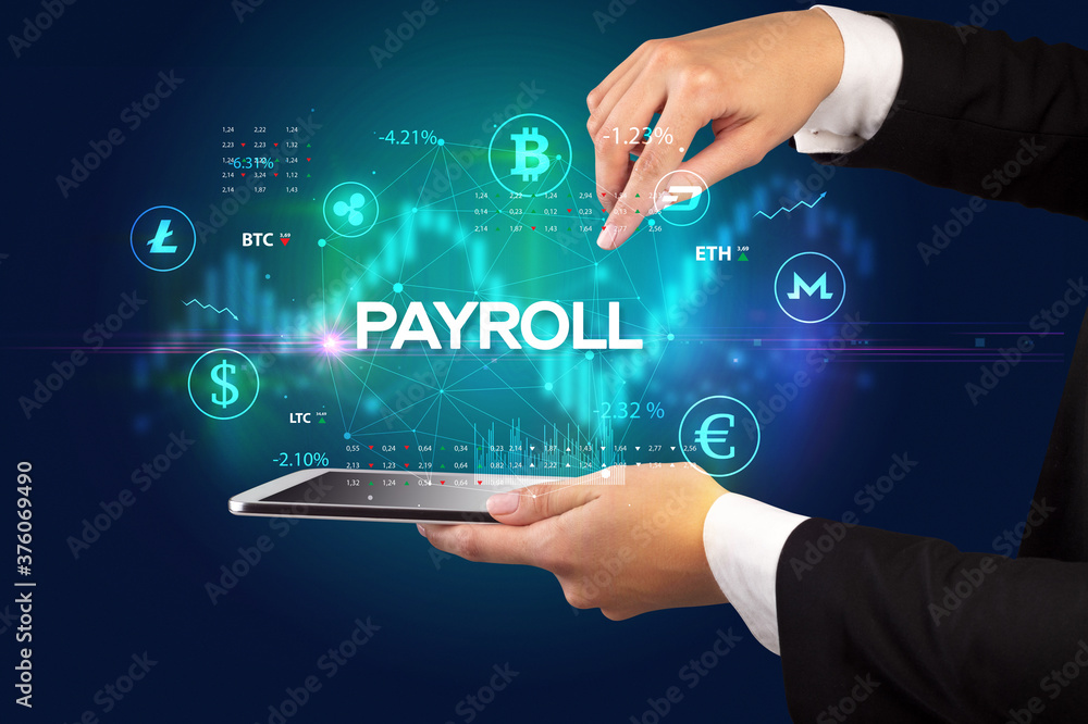 Close-up of a touchscreen with PAYROLL inscription, business opportunity concept Close-up of a touchscreen with PAYROLL inscription, business opportunity concept