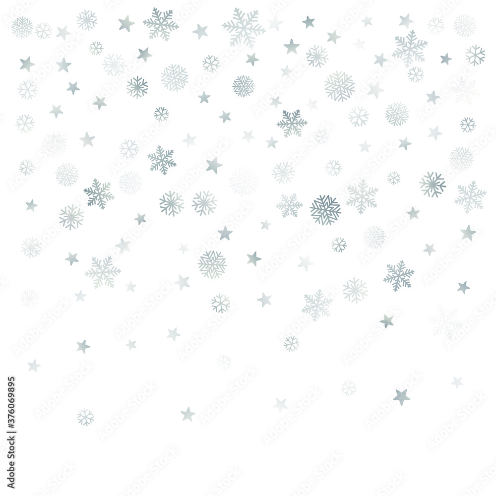 Silver Christmas snow background. Winter snowflakes subtle frame decoration on white, greeting card. New Year Holidays subtle backdrop. Noel Vector illustration Silver Christmas snow background. Winter snowflakes subtle frame decoration on white, greeting card. New Year Holidays subtle backdrop. Noel Vector illustration