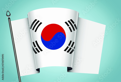 South Korea flag. Waving on flagpole. Vector illustration on gradient blue background.