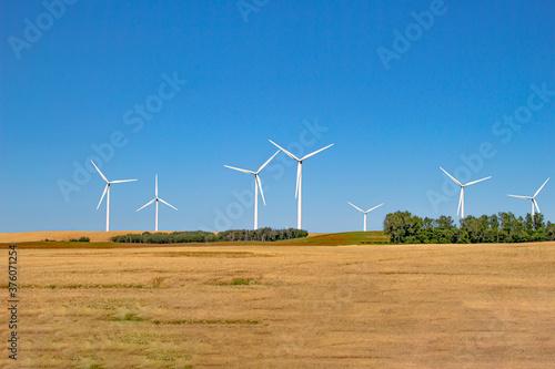 Several wind tower turbine electricity gererators on a farm. Renewable energy source on a farm field.