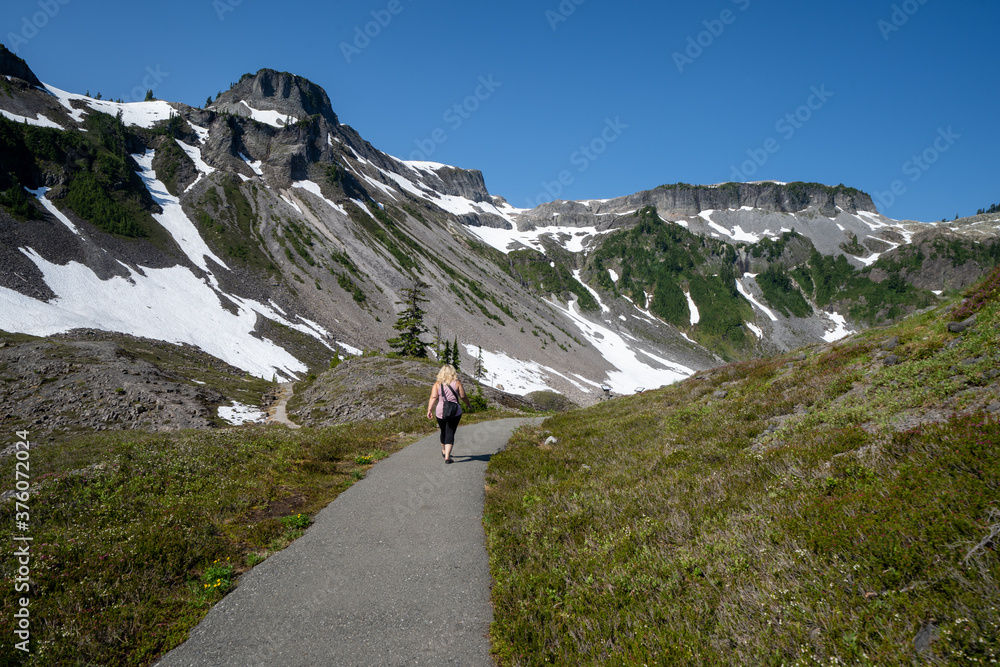 Woman hiker walks off into the wilderness in Heather Meadows at Mt. Baker in Washington State