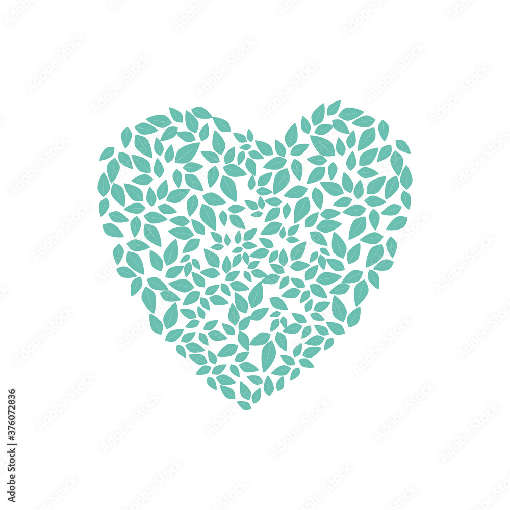 Heart made of green leaves. Heart shaped leaves. Heart made from leaves. Design for postcards.