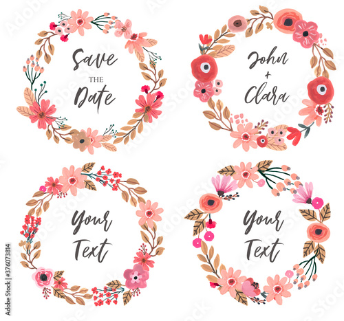 Pretty and Cute Red Floral Gouache Wreath Vector Set