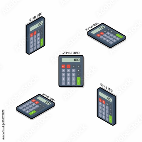 Calculator and Digital number Isometric & Flat Black Stroke and Shadow icon vector.