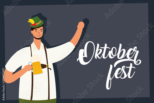 german man wearing tyrolean suit drinking beer and letterinh