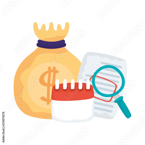 Isolated money bag with calendar and magnifying glass