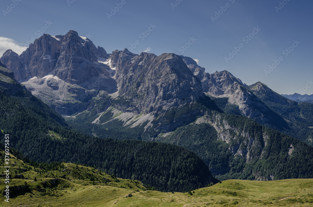 Spectacular Brenta Central mountain group and its summits as seen from Monte Spinale (mountain), above Madonna di Campiglio village, Dolomites, Trento, Trentino, Alto-Adige, South Tyrol, Italy.