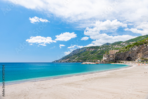 Maiori  Amalfi Coast. Italy. The beach and the coast of Maiori in a sunny day.