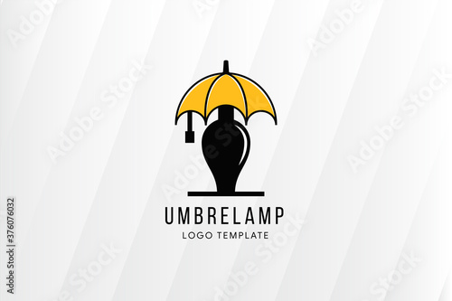Umbrella lamp logo design template. Umbrella use yellow with black color as border and table lamp  shape isolated on white gradient background with diagonal pattern. 